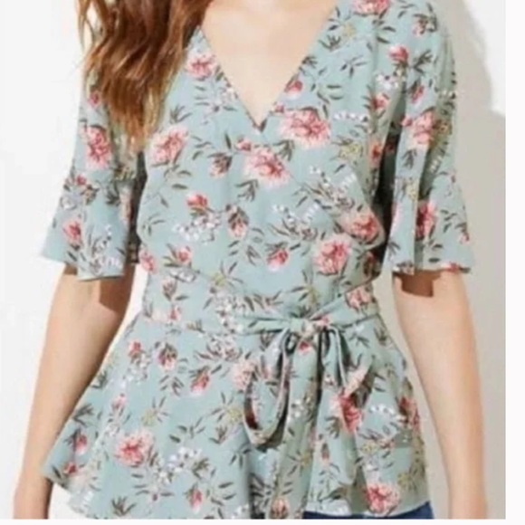 Loft Floral Sage and Pink Wrap Flutter Sleeve Top - Picture 1 of 2